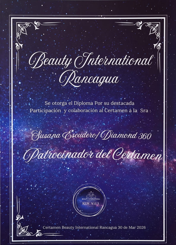 Diploma Beauty International Rancagua 2026 — Diamond 360 Patrocinador del Certamen